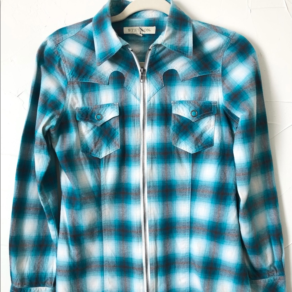 Womens Stetson Turquoise Plaid Shirt Size Small